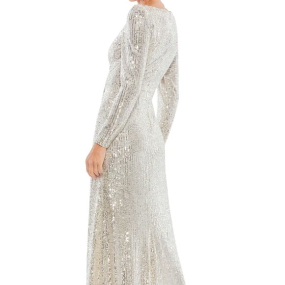 MAC DUGGAL 26395 SEQUIN FAUX WRAP SILVER EVENING GOWN sz 10 - Picture 2 of 8